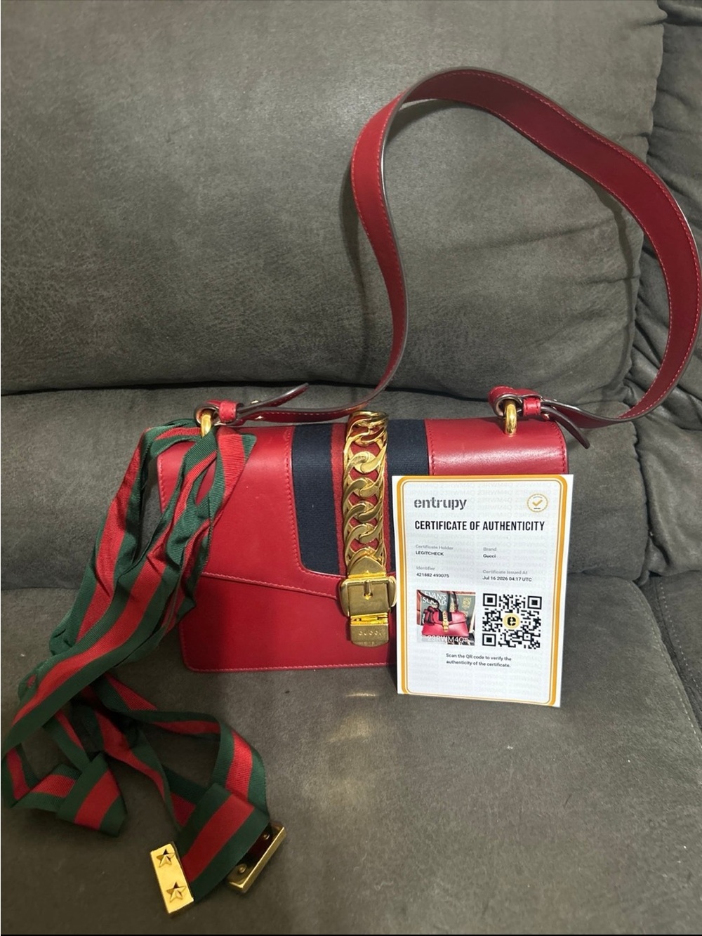 Gucci Red Leather Shoulder Bag with Green-Red Web Strap and Gold Chain